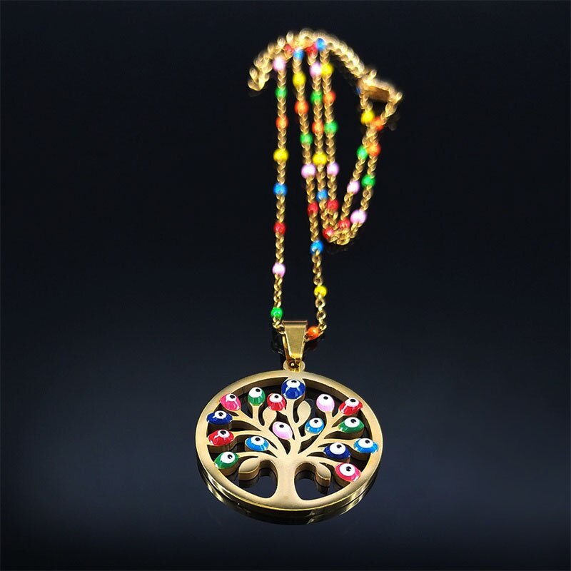 Bohemian Colorful Turkey Eyes Stainless Steel Tree of Life Chain Necklace Gold Color Necklaces jewlery arbre de vie N5210S04