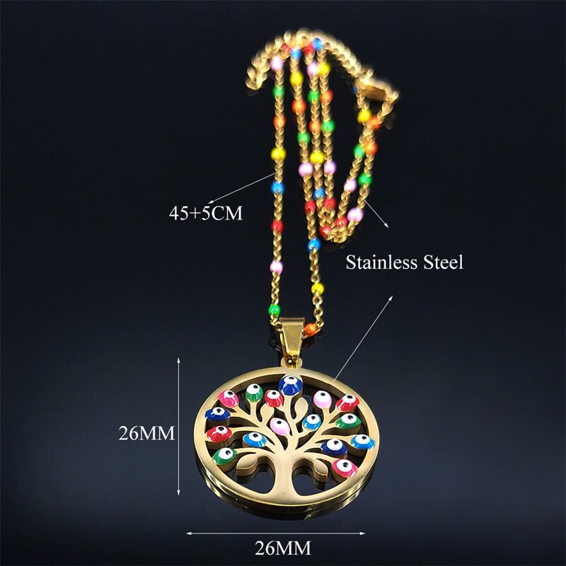 Bohemian Colorful Turkey Eyes Stainless Steel Tree of Life Chain Necklace Gold Color Necklaces jewlery arbre de vie N5210S04