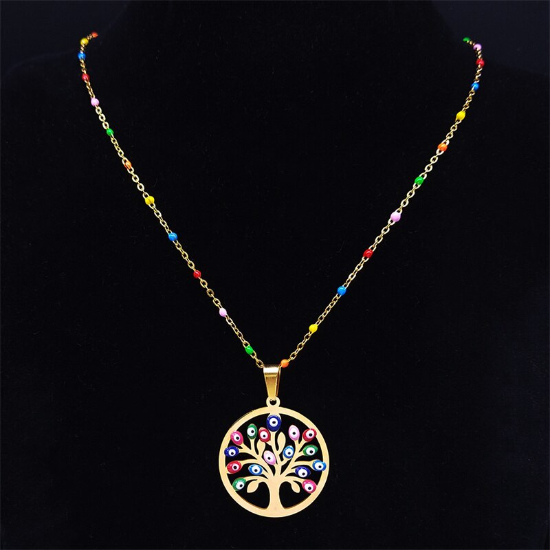 Bohemian Colorful Turkey Eyes Stainless Steel Tree of Life Chain Necklace Gold Color Necklaces jewlery arbre de vie N5210S04