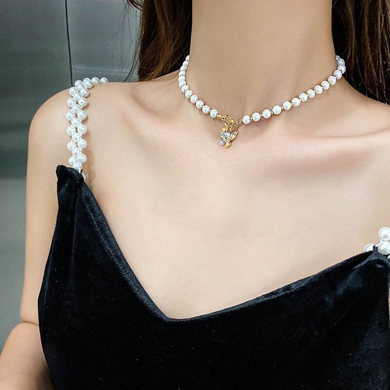 Bohemian Cute Butterfly Choker Necklace For Women Pearl Silver Color Clavicle Chain 2021 Female Chocker Jewelry