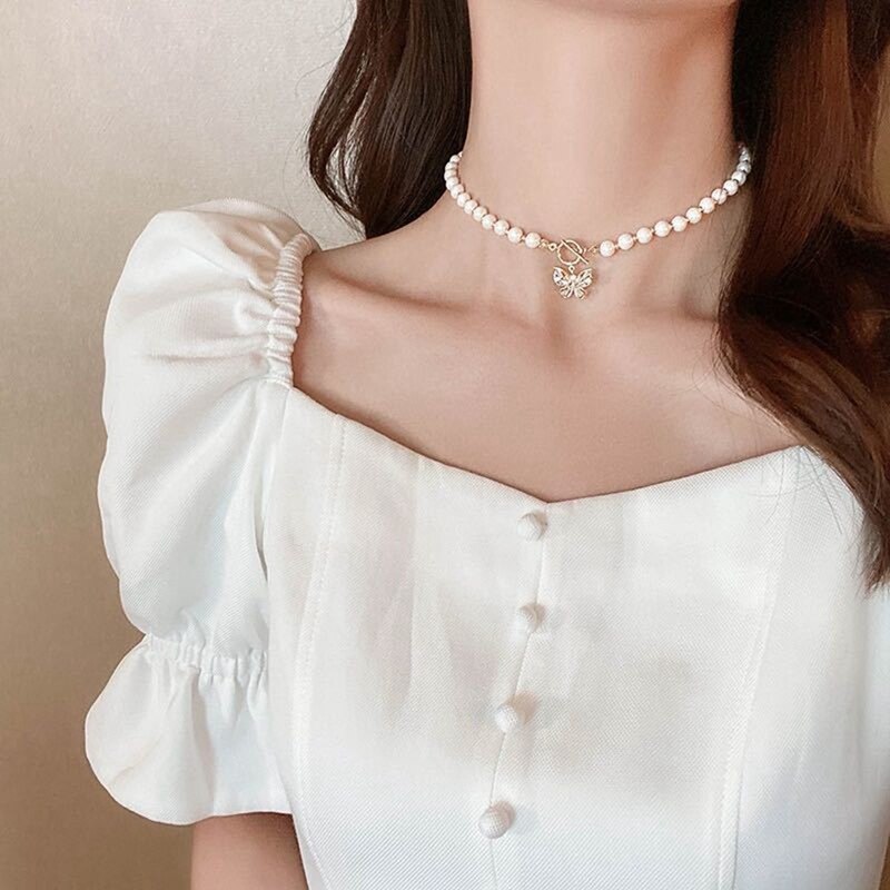 Bohemian Cute Butterfly Choker Necklace For Women Pearl Silver Color Clavicle Chain 2021 Female Chocker Jewelry
