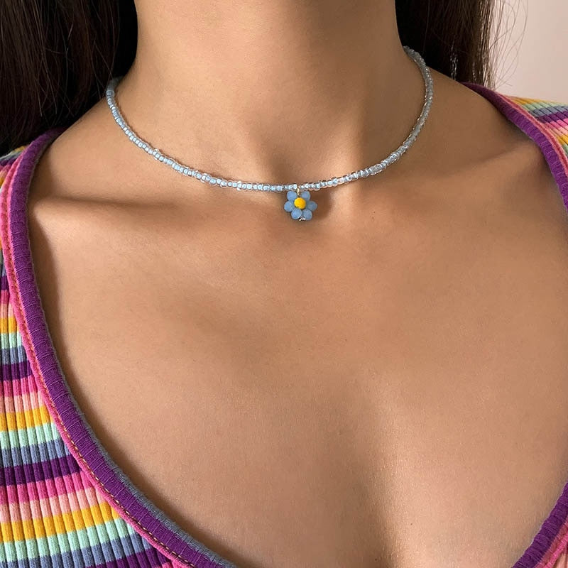 Bohemian Ethnic Acrylic Beads Crystal Flower Choker Necklace for Women Geometric Chains Clavicle Necklace Collar Jewelry Gift