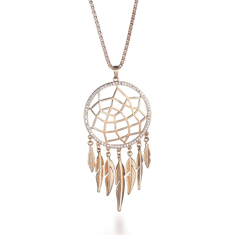 Bohemian Ethnic Feather Style Stainless Steel Dreamcatcher Necklace For Women Indian Mandala Lotus Sweater Necklace Jewelry 2021