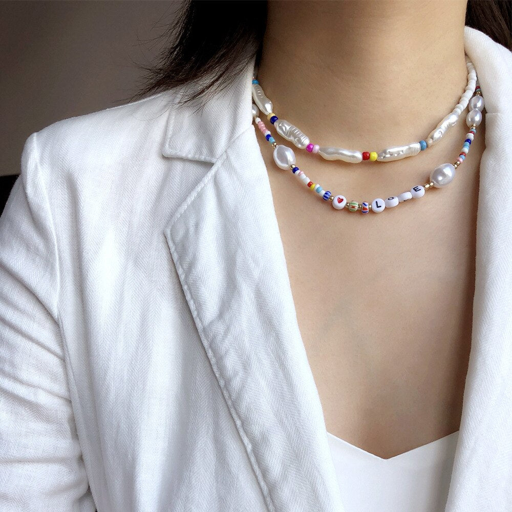 Bohemian Exquisite Colorful Acrylic Seed Beads Strand Necklace Women Irregular Imitation Pearl Choker Jewelry Accessories 1 Gift