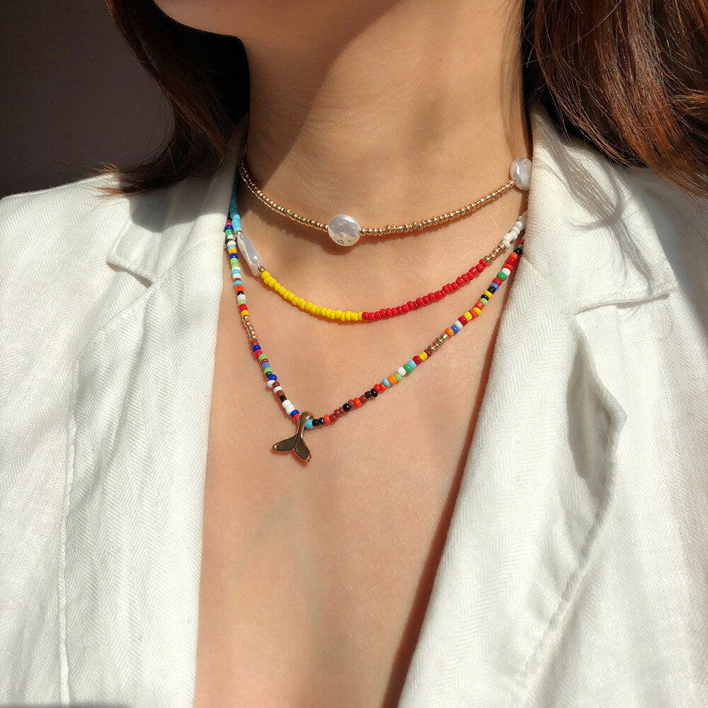 Bohemian Exquisite Colorful Acrylic Seed Beads Strand Necklace Women Irregular Imitation Pearl Choker Jewelry Accessories 1 Gift
