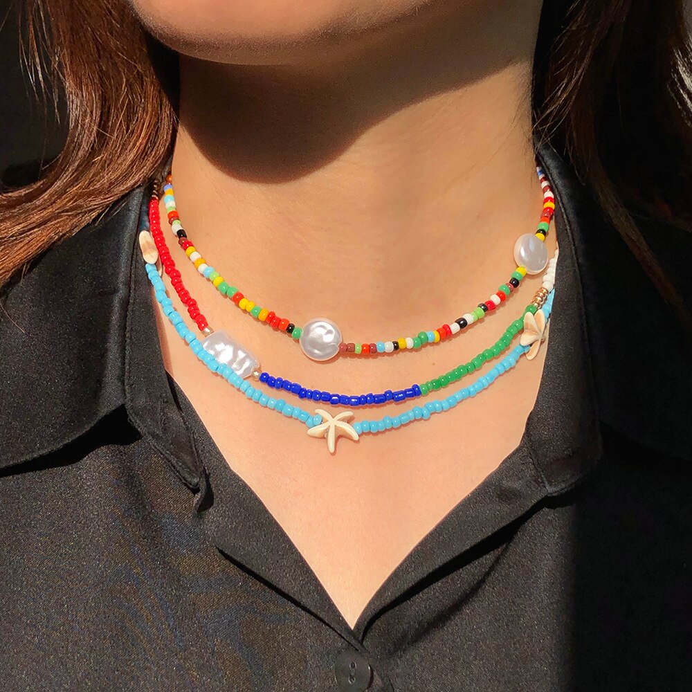 Bohemian Exquisite Colorful Acrylic Seed Beads Strand Necklace Women Irregular Imitation Pearl Choker Jewelry Accessories 1 Gift