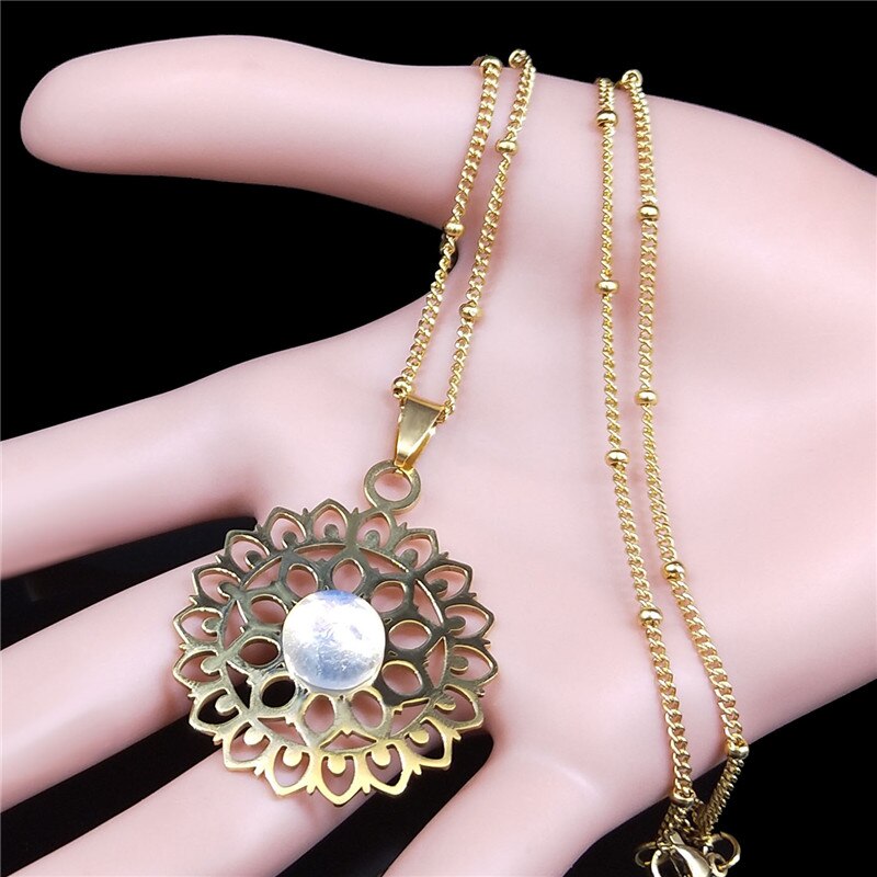Bohemian Flower of Life Moonstone Stainless Steel Necklace Women Gold Color Necklaces Jewelry collares etnicos bohemios N4451S04