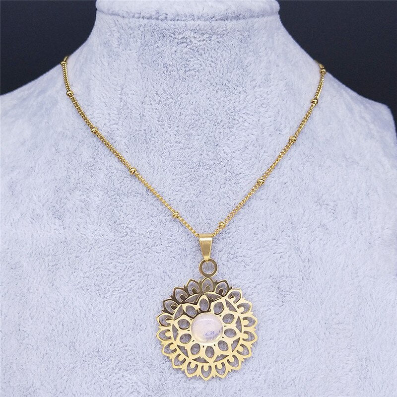 Bohemian Flower of Life Moonstone Stainless Steel Necklace Women Gold Color Necklaces Jewelry collares etnicos bohemios N4451S04