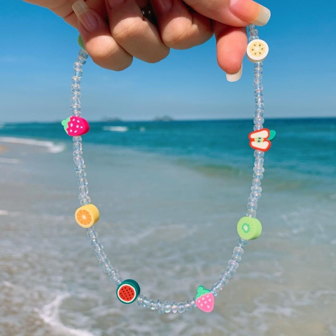 Bohemian Glass Transparent Beaded Soft Pottery Colorful Fruit Acylic Necklace for Women Girls Cute Handmade Jewelry Accessories