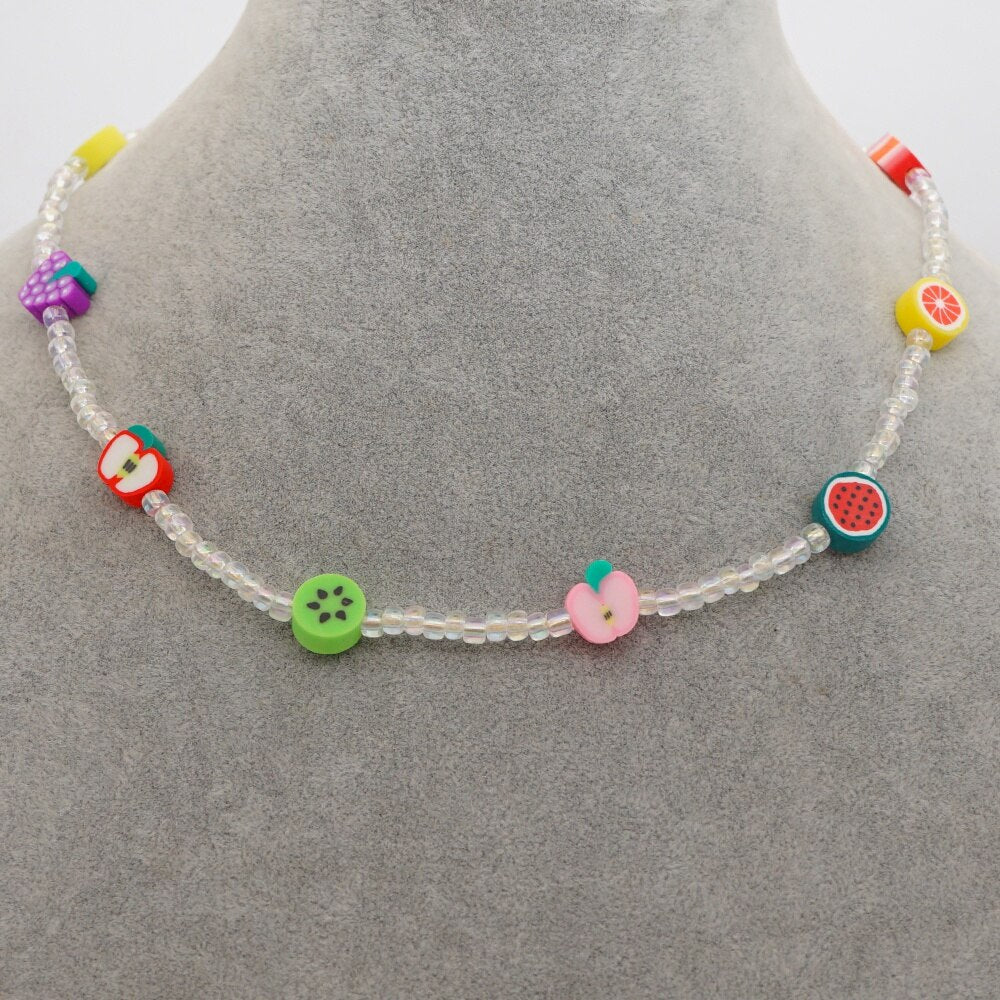 Bohemian Glass Transparent Beaded Soft Pottery Colorful Fruit Acylic Necklace for Women Girls Cute Handmade Jewelry Accessories