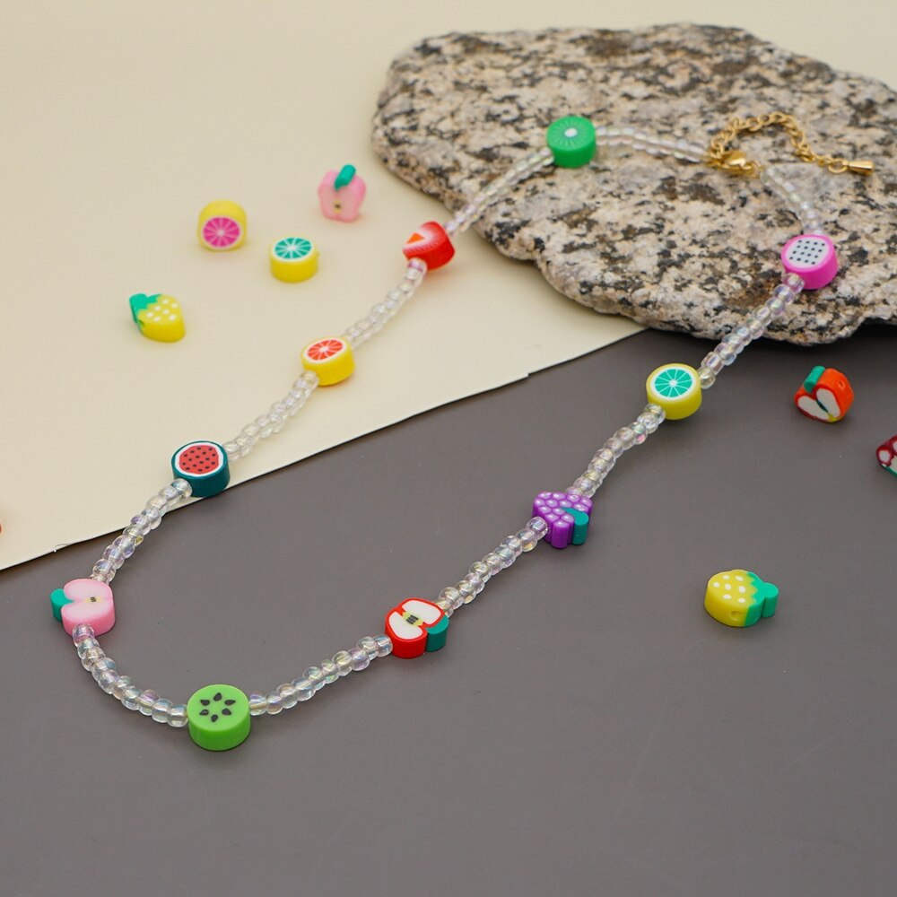 Bohemian Glass Transparent Beaded Soft Pottery Colorful Fruit Acylic Necklace for Women Girls Cute Handmade Jewelry Accessories