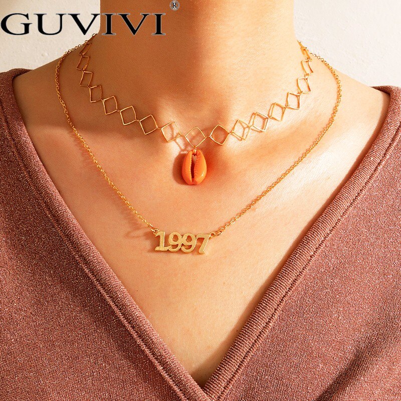 Bohemian Gold Color Geometric Hollow Square Chain Necklace Multilayer Shell 1997 Year Pendant Choker Women Summer Jewelry Gift