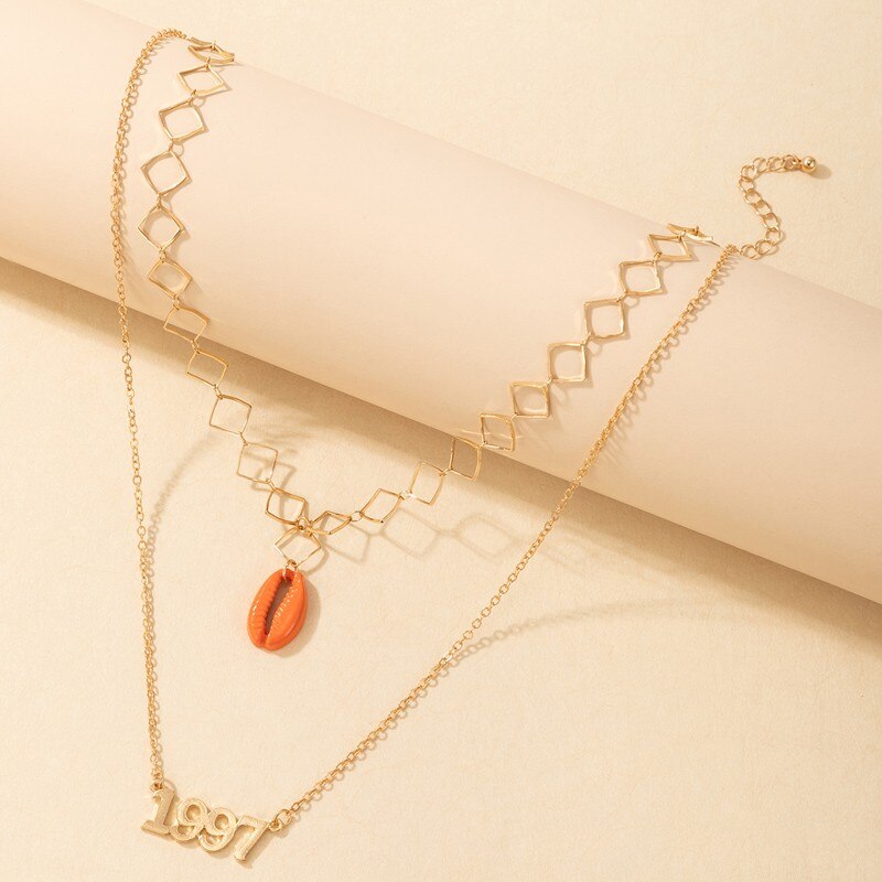 Bohemian Gold Color Geometric Hollow Square Chain Necklace Multilayer Shell 1997 Year Pendant Choker Women Summer Jewelry Gift