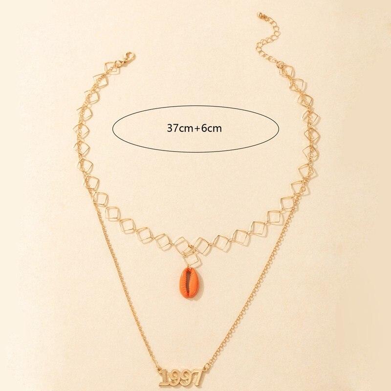 Bohemian Gold Color Geometric Hollow Square Chain Necklace Multilayer Shell 1997 Year Pendant Choker Women Summer Jewelry Gift