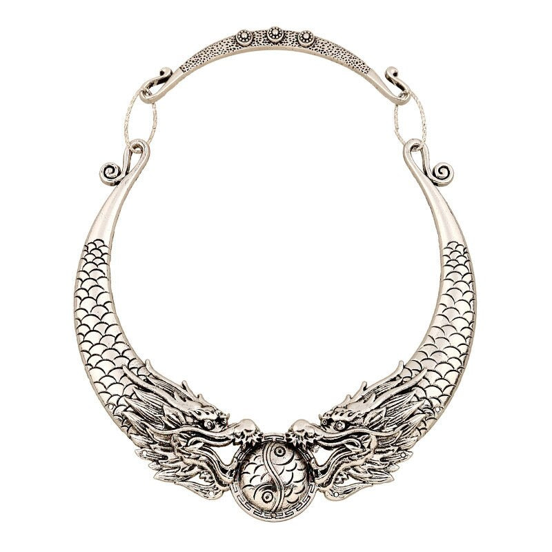 Bohemian Gypsy Vintage Statement Necklace Chinese Style Element Double Dragon Choker Collar Necklace