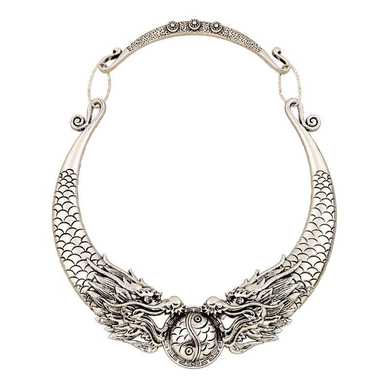 Bohemian Gypsy Vintage Statement Necklace Chinese Style Element Double Dragon Choker Collar Necklace