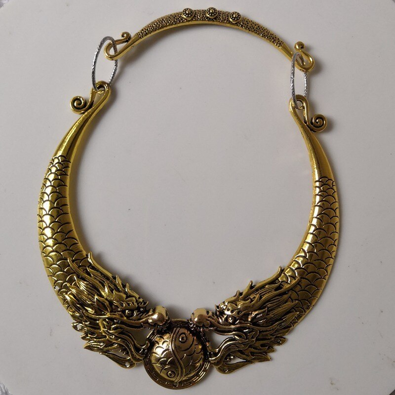 Bohemian Gypsy Vintage Statement Necklace Chinese Style Element Double Dragon Choker Collar Necklace