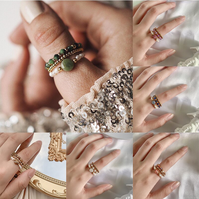 Bohemian Handmade Natural Stone Rings Women with Stainless Steel Bead Multi Color Stretch Rope Party Gifts Ring Adjustable 2020