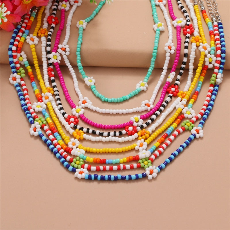 Bohemian Handmade Rainbow Seed Beads Necklace Women Sweet Daisy Acrylic Flowers Beaded Choker Necklace Jewelry Short Necklace