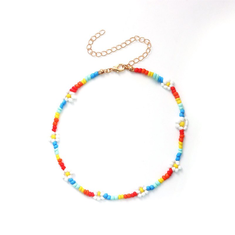Bohemian Handmade Seed Bead Flower Choker Pendant Chain Gold Color Necklace for Women Girl Wedding Party Jewelry Gift