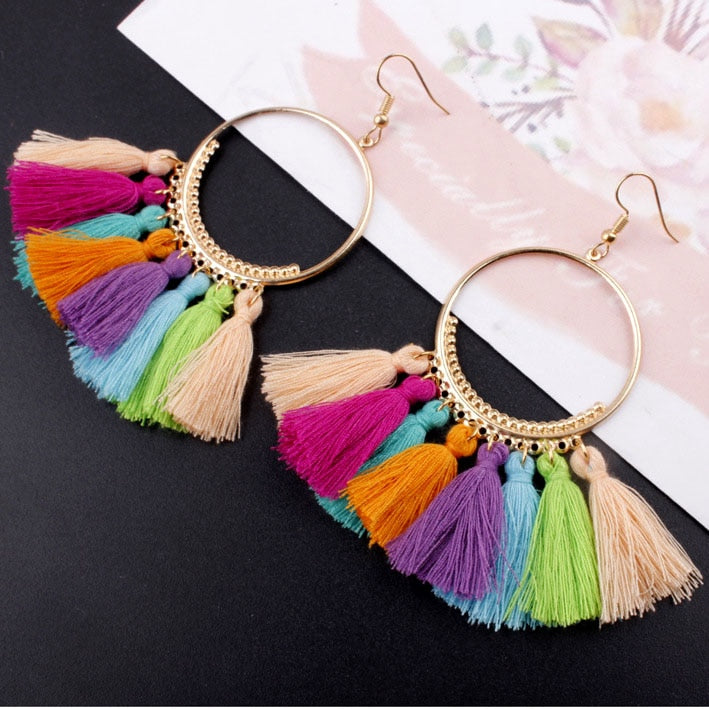 Bohemian Handmade Statement Tassel Earrings for Women Vintage Round Long Drop Earrings Wedding Party Bridal Fringed Jewelry Gift