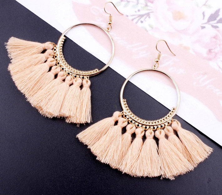 Bohemian Handmade Statement Tassel Earrings for Women Vintage Round Long Drop Earrings Wedding Party Bridal Fringed Jewelry Gift