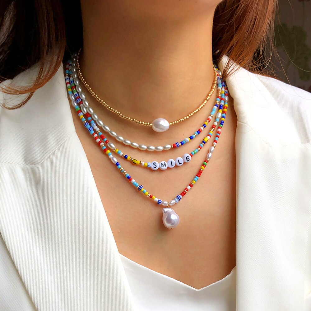 Bohemian Irregular Smile Beaded Pearl Necklace for Women Colorful Round Eye Beads Chain Choker Necklace Beach Vacation Jewelry
