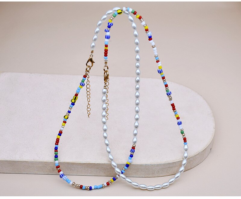 Bohemian Irregular Smile Beaded Pearl Necklace for Women Colorful Round Eye Beads Chain Choker Necklace Beach Vacation Jewelry