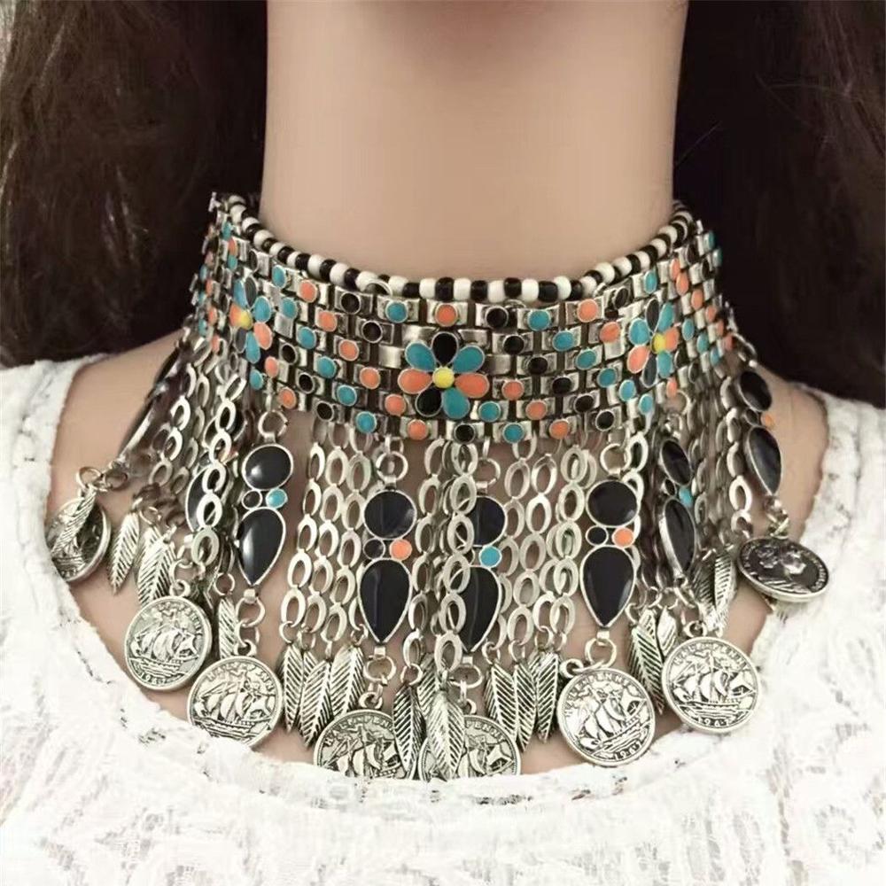 Bohemian Jewelry Retro Round Beads Chain Collar Bib Necklace Choker Vintage Coin Braided Tassel Large Pendant Necklace for Women