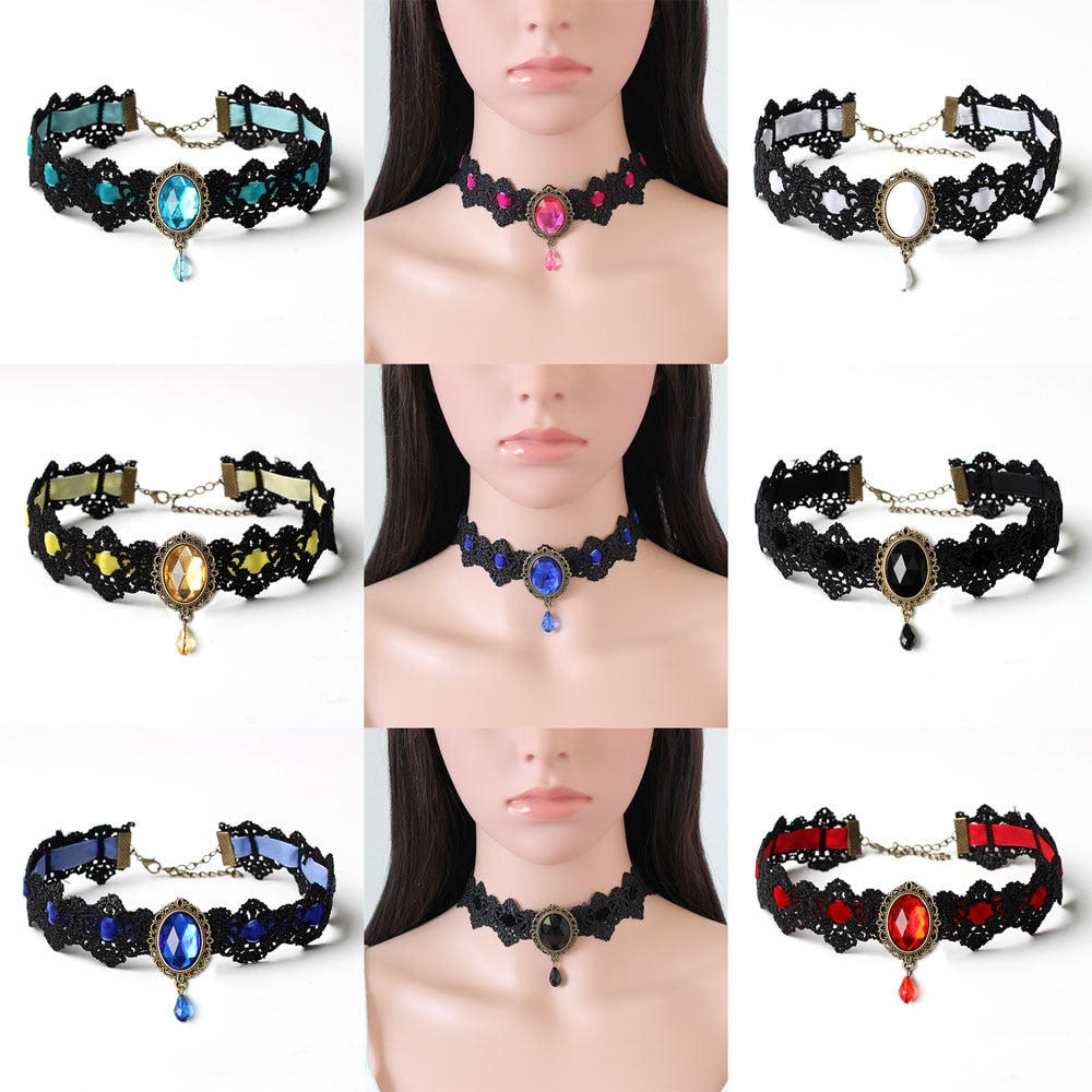 Bohemian Lace Choker Necklace Women Vintage Black Red Blue Crystal Necklaces Gothic Punk Collar Choker Jewelry