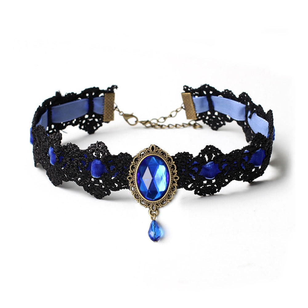 Bohemian Lace Choker Necklace Women Vintage Black Red Blue Crystal Necklaces Gothic Punk Collar Choker Jewelry