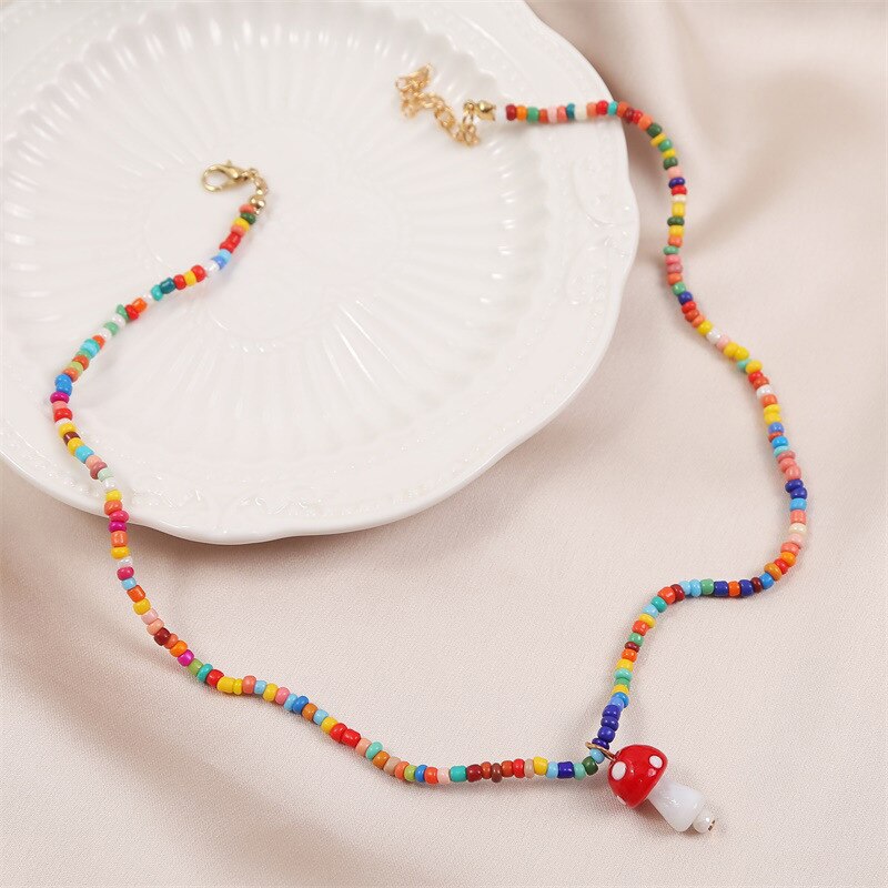 Bohemian Multicolor Seed Beads Necklaces For Women Handmade Glass Mushroom Pendant Necklace Ladies Jewelry Gift