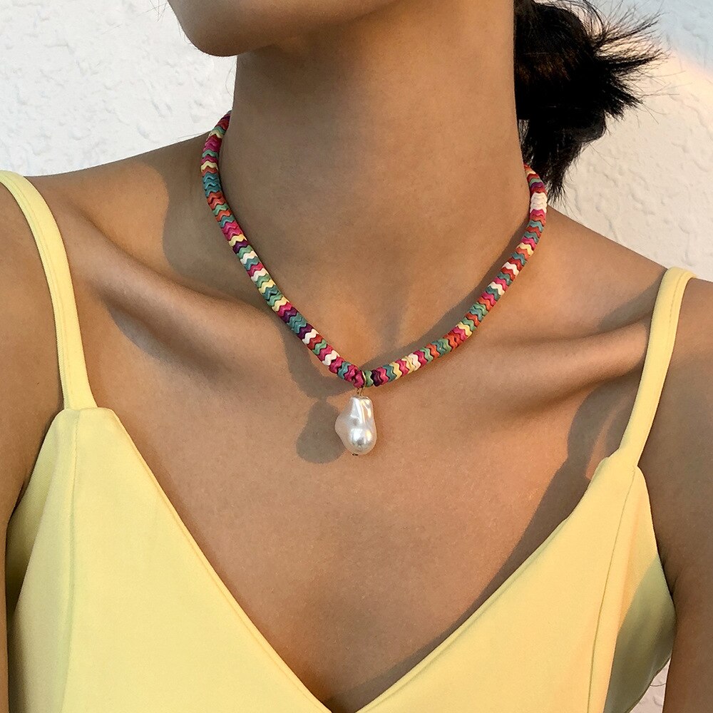 Bohemian National Style Imitation Pearl Pendant Necklace Simple Temperament Colored Clavicle Chain