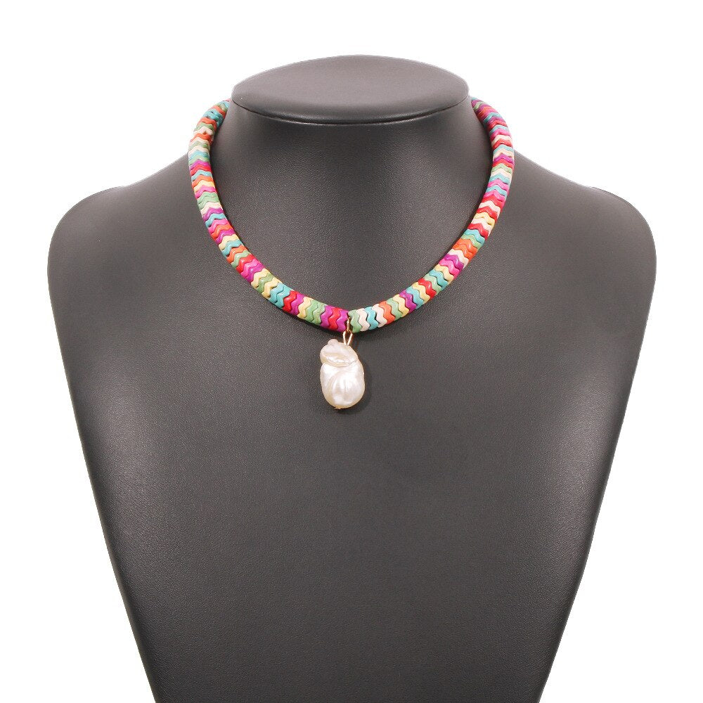 Bohemian National Style Imitation Pearl Pendant Necklace Simple Temperament Colored Clavicle Chain