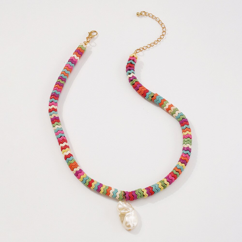 Bohemian National Style Imitation Pearl Pendant Necklace Simple Temperament Colored Clavicle Chain