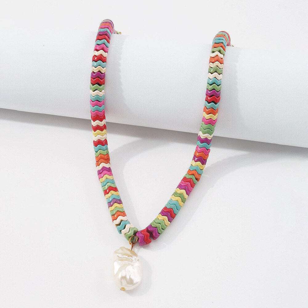 Bohemian National Style Imitation Pearl Pendant Necklace Simple Temperament Colored Clavicle Chain