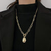 Bohemian Portrait Coin OT Chain Necklace For Women Gold Geometric Round Lock Pendant Necklaces Sweater Jewelry