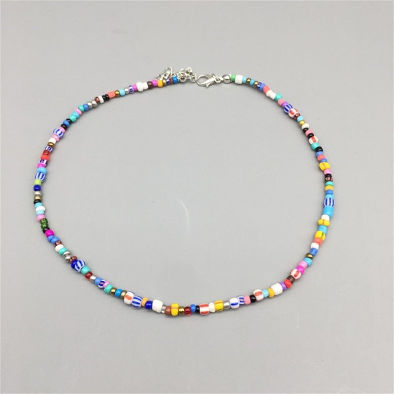 Bohemian Retro Ladies Colorful Beaded Irregular Pearl Necklace Colored Glaze Rice Beads Chain Pearl Necklace Jewelry