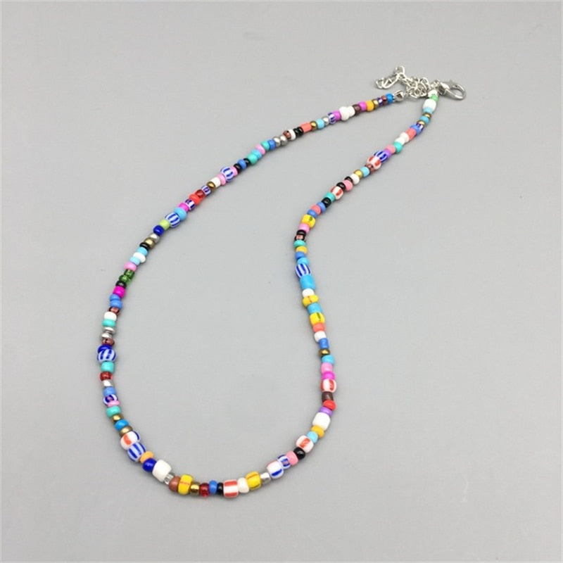 Bohemian Retro Ladies Colorful Beaded Irregular Pearl Necklace Colored Glaze Rice Beads Chain Pearl Necklace Jewelry