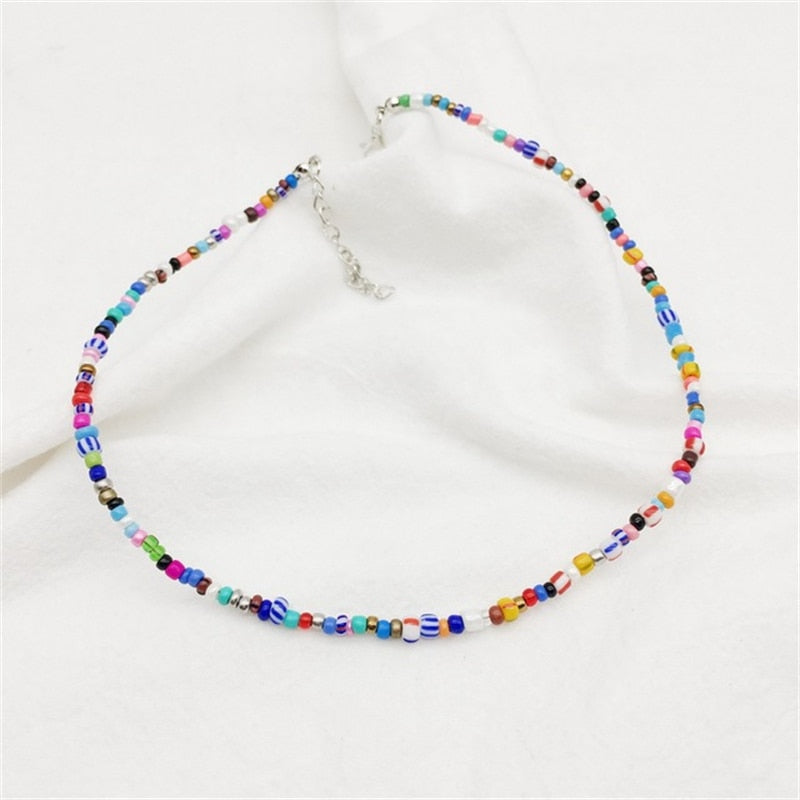 Bohemian Retro Ladies Colorful Beaded Irregular Pearl Necklace Colored Glaze Rice Beads Chain Pearl Necklace Jewelry