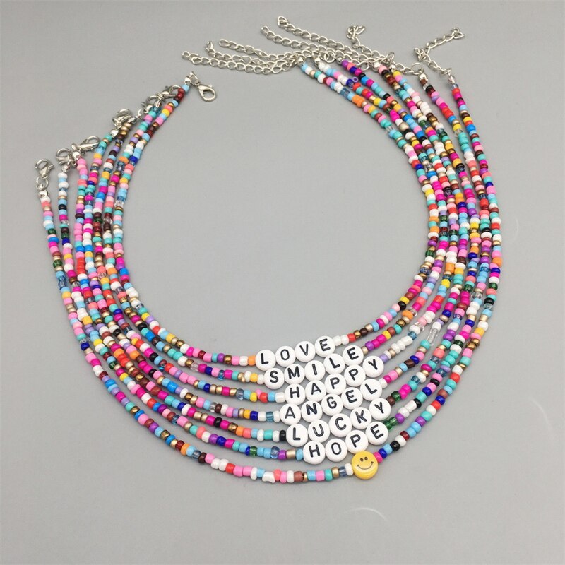 Bohemian Retro Ladies Handmade Letter Beaded Colorful Bead Necklace Hope Lucky Love Angel Clavicle Chain Female Beach Jewelry