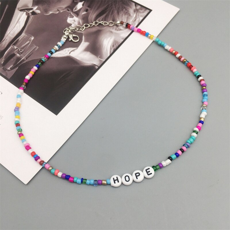 Bohemian Retro Ladies Handmade Letter Beaded Colorful Bead Necklace Hope Lucky Love Angel Clavicle Chain Female Beach Jewelry
