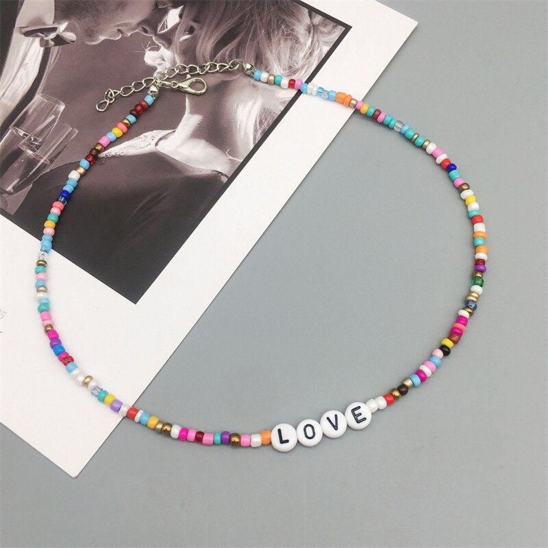 Bohemian Retro Ladies Handmade Letter Beaded Colorful Bead Necklace Hope Lucky Love Angel Clavicle Chain Female Beach Jewelry