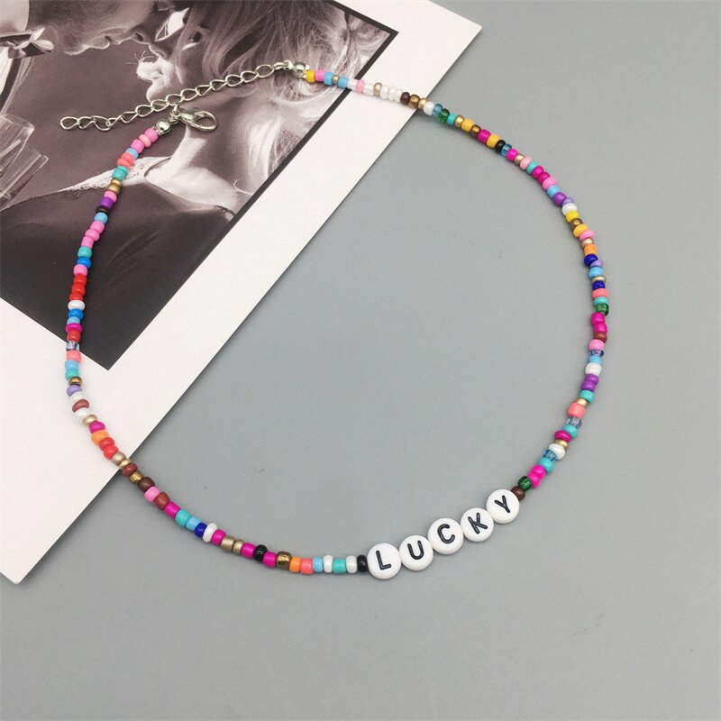 Bohemian Retro Ladies Handmade Letter Beaded Colorful Bead Necklace Hope Lucky Love Angel Clavicle Chain Female Beach Jewelry