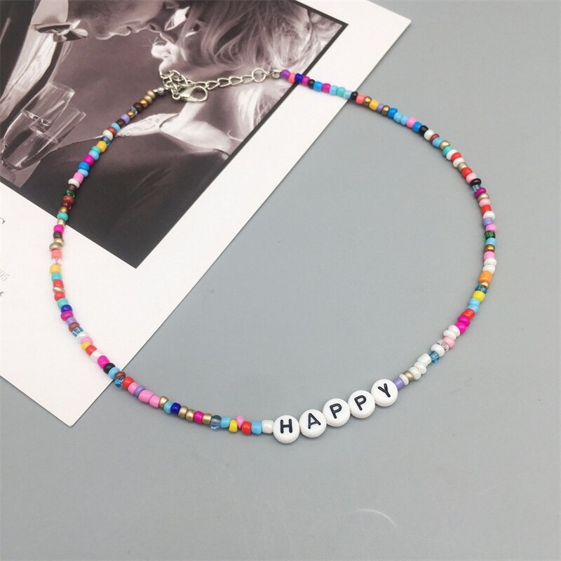 Bohemian Retro Ladies Handmade Letter Beaded Colorful Bead Necklace Hope Lucky Love Angel Clavicle Chain Female Beach Jewelry