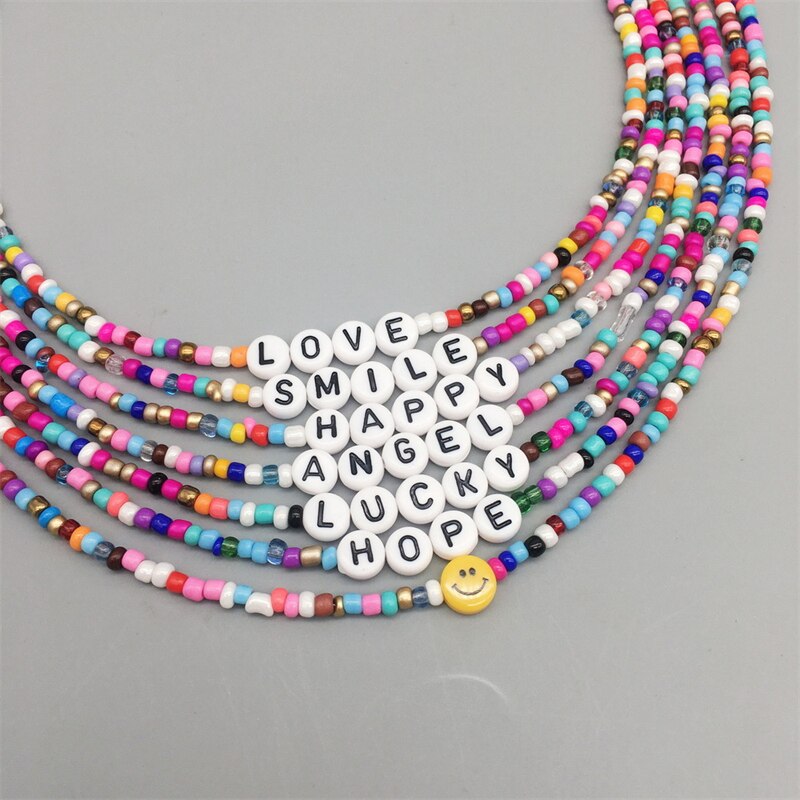 Bohemian Retro Ladies Handmade Letter Beaded Colorful Bead Necklace Hope Lucky Love Angel Clavicle Chain Female Beach Jewelry