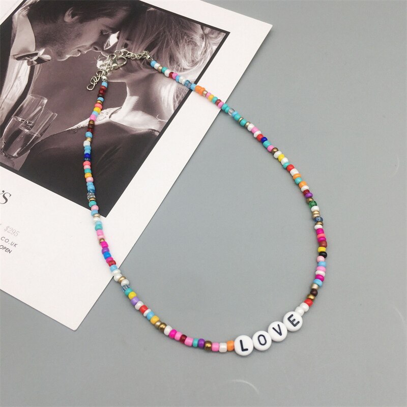 Bohemian Retro Ladies Handmade Letter Beaded Colorful Bead Necklace Hope Lucky Love Angel Clavicle Chain Female Beach Jewelry