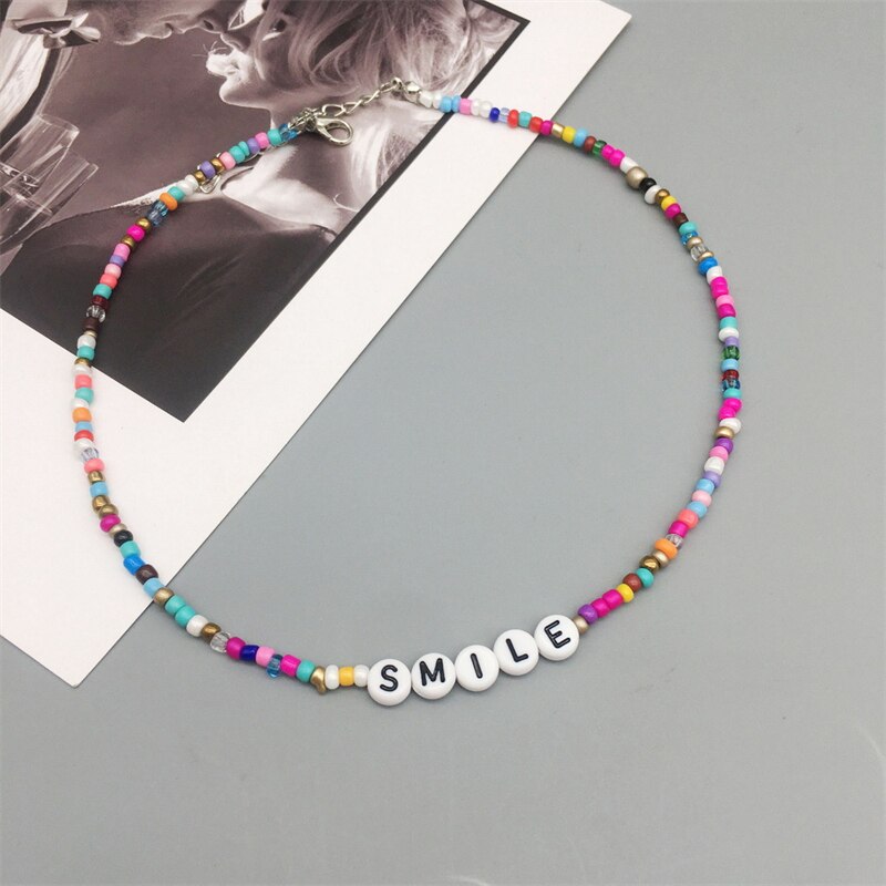 Bohemian Retro Ladies Handmade Letter Beaded Colorful Bead Necklace Hope Lucky Love Angel Clavicle Chain Female Beach Jewelry