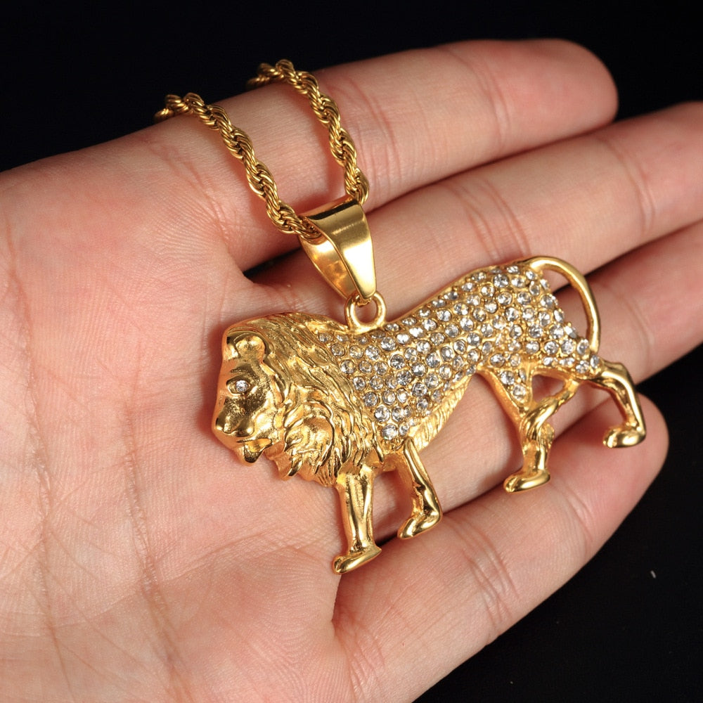 Bohemian Rhinestone Alloy Lion Necklace Pendant for Men Retro Hip Hop Rock Animal Necklace Men's Party Wedding Jewelry Accessori