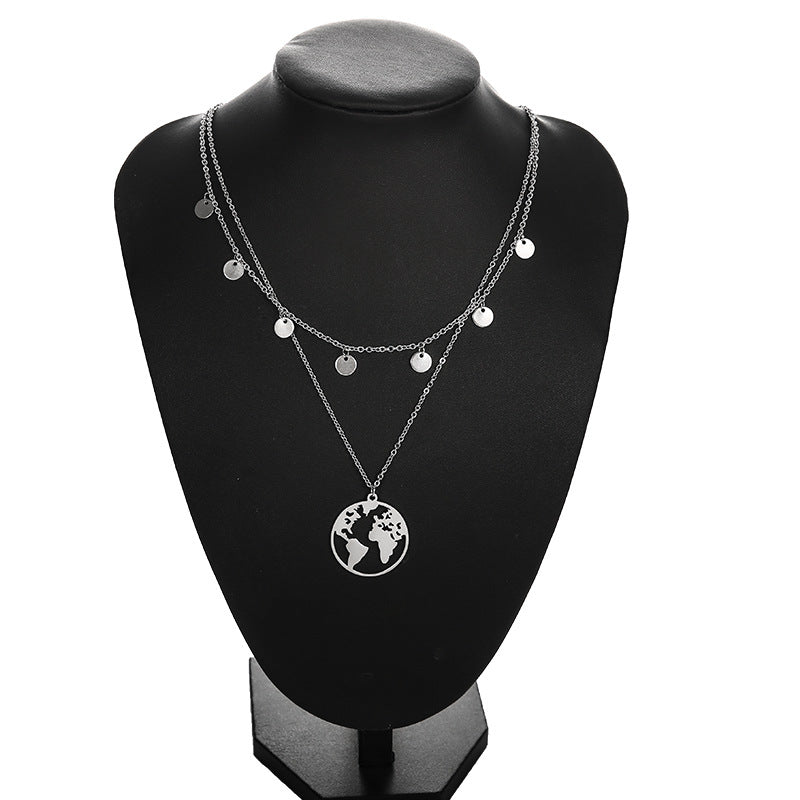 Bohemian Simple Stainless Steel Silver World Map Pendant Necklace Women Fashion Vintage Double Layer Party Jewelry Accessories